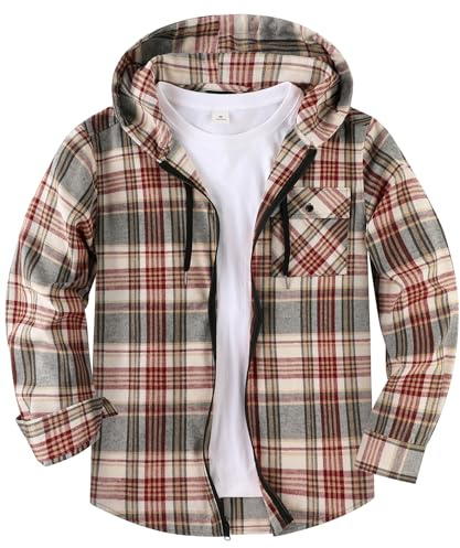 SwissWell Hemd mit Kapuze Herren Langarm Flanellhemd Karierte Holzfällerhemd Lässig Reißverschluss Hoodie Hemdjacke Frühling Herbst Arbeitshemd,D132 Weinrot Beige,L