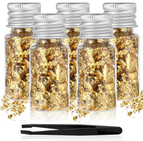 ElevateTech Dekoratives Blattgold, 5 Stück Goldflocken, Lebensmitteldekoration, goldene Folienflocken für Kuchen, Kochen, Dessert, Dekoration, Backen, Schokolade, Dekoration, Nagelkunst, Spa, Basteln