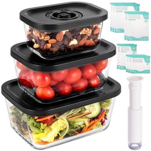 FreshSeal Premium 3-delat borosilikatglas vakuum matförvaringsset – 3 storlekar (470 ml, 800 ml, 1 400 ml) + handvakuumpump och 10 återanvändbara påsar – läckagesäker, ugn/mikrovågsugn/fryssäker