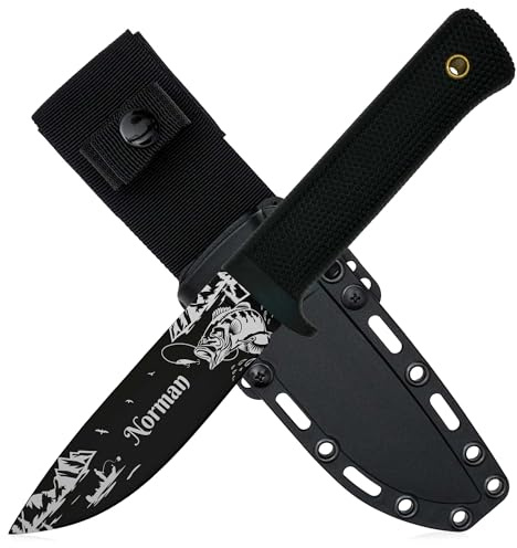 ADAM WILD Angelmesser mit Gravur | schwarze Klinge | Geschenke für Angler | Personalisiertes Anglermesser, Name & Motiv graviert | robuste Edelstahlklinge & gummierter Griff | inkl. Messerscheide