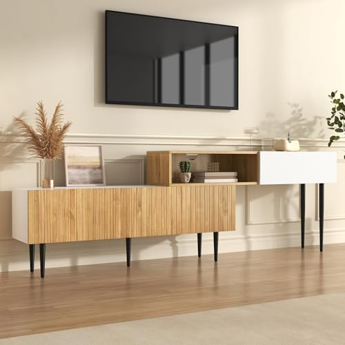 Merax TV-Schrank 130-220x30x63,4 cm, mit Verstellbarer Länge, 2-teiliges modulares Design, modernes Sideboard mit Kippsicherung, vielseitiges Wohnzimmermöbel, Holzoptik & Weiß