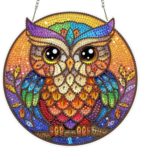 AIRDEA Niedliche Regenbogeneule Diamond Painting Fensterbilder, 5D Brillante Glasmalerei Eule Diamond Painting Fensterbilder Beidseitig, Bausätze für Diamantmalerei Suncatcher Erwachsene