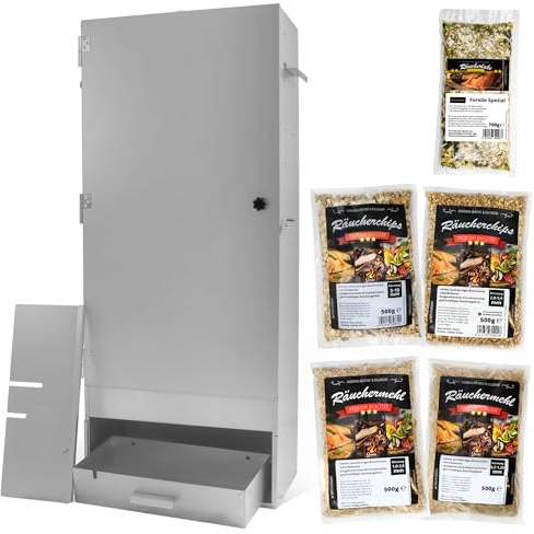Eversmoke Räucherofen Jumbo 110 Pro II Starter Set | galvanisierter Stahl, große Räucherkammer, inkl. Thermometer, Haken, Körbe, Tropfblech & Feuerschale, Starterset 5tlg.