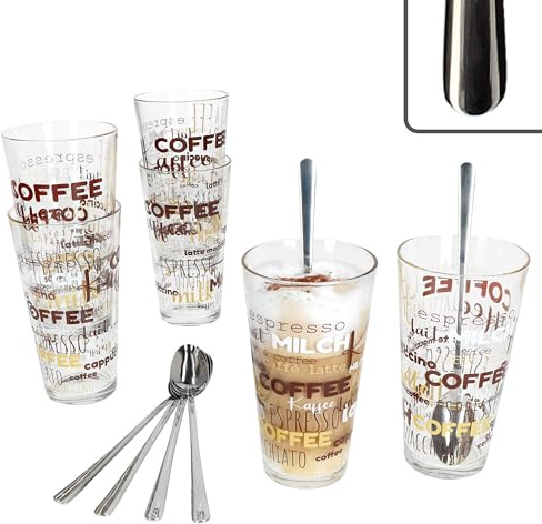 MamboCat Candy Latte Macchiato Gläser 300ml mit Style Art Latte Macchiato Löffel L19cm I 6 Personen I 6x stapelbare Gläser mit Schrift Dekor & 6x lange Löffel aus 18/10 Edelstahl