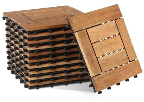 Lot de 33 dalles en bois d'acacia pour balcon et terrasse - 30 x 30 cm - Avec système de drainage - 7 lattes (3 m²) - Revêtement de sol d'extérieur résistant aux intempéries - Facile à poser