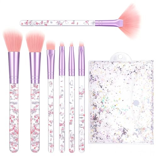 HJZHII 7 PCS Pink Makeup Brushes Set, Crystal Sparkles Makeup Brush Professional Blending Brush Cute Fan Powder Lip Eye Shadow Eyebrow Eye Brush with Sequins Handle for Women(Pink)