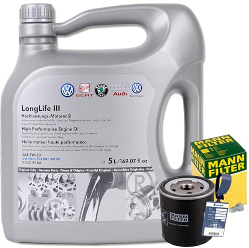 Mann Ölfilter W712/95+5L Öl | W712/95 (OC977/1)+1113800100+Mn LL 0W30 Öl passend für A3 Fabia 3 Golf 7