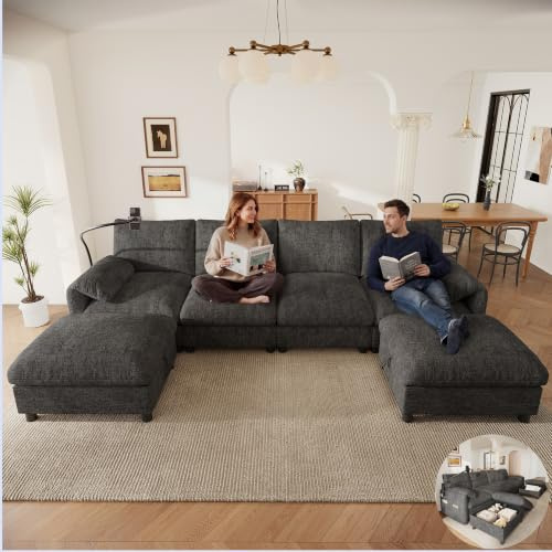 Yihomfy 273.5 cm canapé d'angle Convertible, canapé modulable en U/L,canape modulable avec 2 poufs,USB, Poches latérales, téléphone Support,canapé 4-6 Places,canapé d'angle modulable pour Salon,Gris