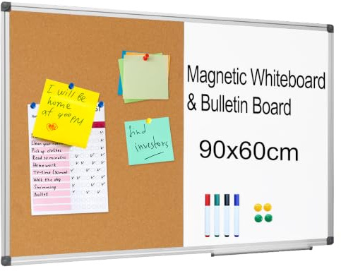 XIWODE Magnetic Whiteboard & Cork Pinboard Combo 90x60 cm, Magnetic Dry Erase & Pin Bulletin Board Combo, Wall Mounted Notice Board with Markers Magnets Eraser & Pins for Home Office School