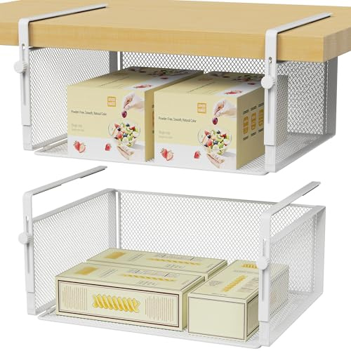 2Pack Under Shelf Storage Basket,Under Desk Basket Adjustable Hanging Cabinet Basket Organizer for Cabinet Kitchen Cupboard Desk Counter Bookshelf Add-on Space Saver Heavy Duty Slide-in (White)