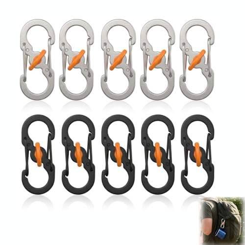 Stainless Steel S Carabiner Clips 10 Pcs Mini Locking Carabiner Hooks S Shape Keychain Clips Heavy Duty Key Rings for Keys Bags DIY Travel Hiking Camping Outdoor Use （5 Black + 5 Silver）