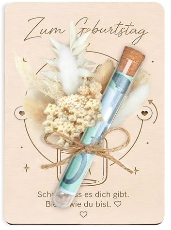 Geldgeschenke Geburtstag Set mit Trockenblumen – Holz Geldgeschenke Verpackung & Happy Birthday Schild – Kreative Geburtstagskarte mit Röhrchen für Bargeld & Gutscheine