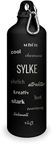 Trinkflasche mit Namen Sylke - graviert mit Positive Eigenschaften, Aluminiumflasche mit Gravur, Sportflasche - matt schwarz