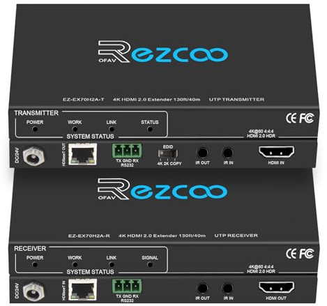 ROFAVEZCO Extensor HDMI sobre Ethernet 4k 60HZ sin comprimir 18G/BPS sobre un solo Cat5/6 de hasta 40m (165ft), RS232+POE+IR+HDCP2.2, HDR CEC Gestión EDID.