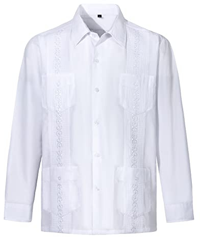 Camisas Guayabera de Manga Larga para Hombre Camisas cubanas, Blanco, Large