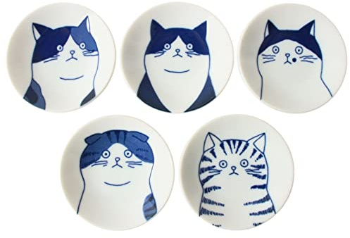 Mino ware GBS001 Mini-Teller/Schale aus japanischer Keramik, 5 Stück, 5 Katzengesichter, Weiß & Blau, hergestellt in Japan (Japan Import)