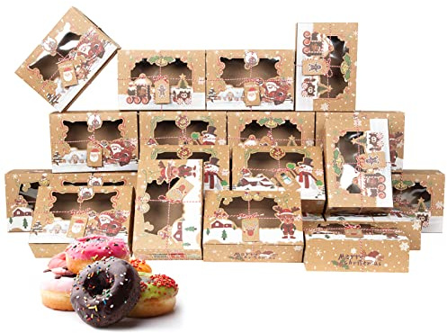 CUSWARE 24 stycken jullådor med 4 olika designpresentlådor julkakor cupcake-lådor med fönster hängen, rep och etiketter, för jul bröd kex choklad