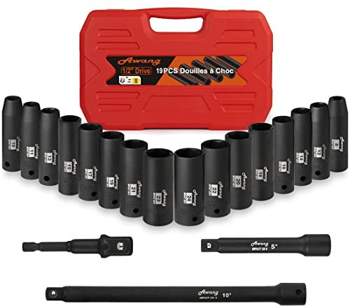 Awang 19pcs Jeu de coffret douilles à choc 1/2,8-24mm douilles à impact CR-V，3'',5'',10''barres d'extension avec 3/8'' à 1/2'' Adaptateur de clé à douille inclus