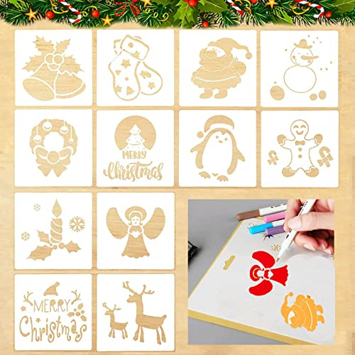 Schablone Weihnachten, 12 Stück Malschablonen aus Kunststoff, Weihnachten Schablone Set für Scrapbooking Fotoalbum, DIY weihnachtskarten, Weihnachtsgeschenke, Wiederverwendbar