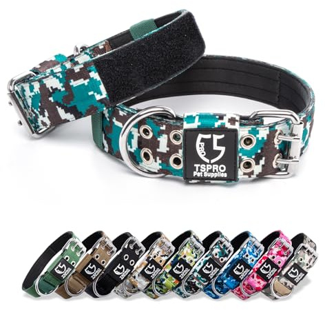 TSPRO Taktiskt hundhalsband med metallspänne och lappar, justerbart tjockt och starkt hundhalsband för stora till extra stora hundar (cyan kamouflage)