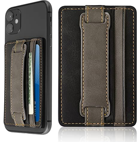 Cobee Self-Adhesive Phone Card Holder With Kickstand - Leather Wallet Sleeve With Elastic Band for Back of Case (Black)