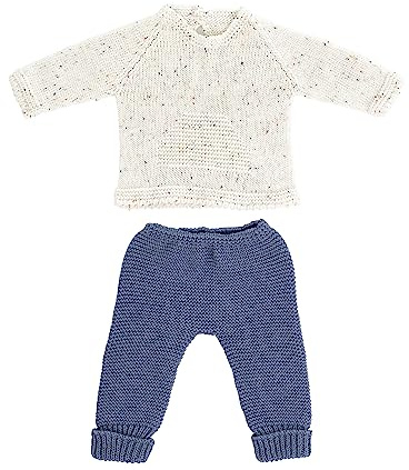 Miniland Strickset beige und blau für 40cm Puppen. Pullover und Hose recyceltem Textil. Miniland Dolls.