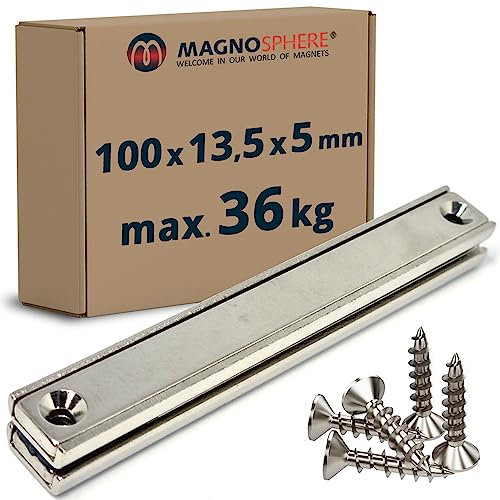 Neodym Magnet zum Anschrauben extra stark - 36 kg - mit Senkbohrung - 2 Stück - Starke Quader-Magnete 100mm lang mit 2x Loch/Bohrung und Senkung für Büro Haushalt Werkstatt (inkl. 4 Schrauben)