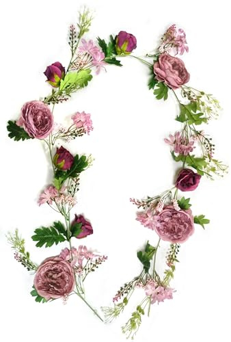 OrgMemory Pfingstrosen-Blumengirlande, 180 cm, Rosengirlande, künstliche Blumen, künstliche Blumengirlanden für Hochzeiten, Zuhause, Tischläufer, Kaminsims, Party-Dekor (staubige
