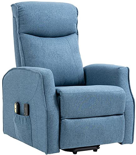 HOMCOM Sessel mit Aufstehhilfe, Massagesessel mit Fernbedienung, Liegefunktion Relaxsessel mit Fußstütze, Fernsehsessel mit Seitentasche, Elektrischer TV-Sessel mit Leinenoptik, Blau