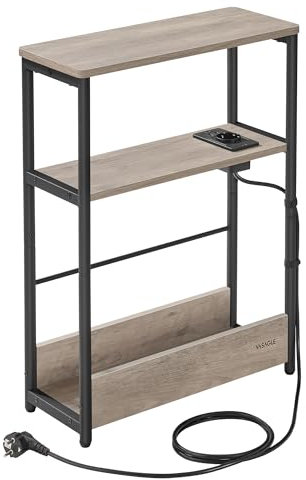 VASAGLE Beistelltisch schmal, Nachttisch mit Ladefunktion, Couchtisch klein, 3 Ablagen, Zeitschriftenhalter, für Wohnzimmer, Schlafzimmer, Arbeitszimmer, Greige meliert-tintenschwarz LET335K05
