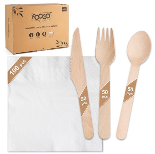 FOOGO Green Holzbesteck und weiße Servietten, 2-lagiges, starkes Papier, 250 Stück | FSC® Zertifiziert | 50x Gabeln | 50x Messer | 50x Löffel | 100x Weiße Servietten | Eco Besteck Set | Biologisch Abbaubar