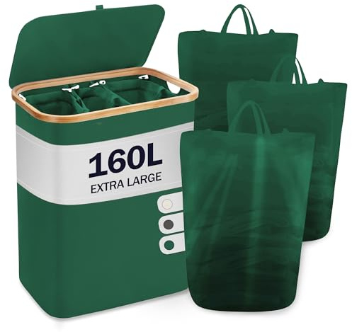 YOUDENOVA Laundry Basket with Lid 3 Compartments 160 L Laundry Hamper with 3 Laundry Bags Large Foldable Laundry Sorter Wooden Bamboo Laundry Chest Tall Laundry Baskets, Green