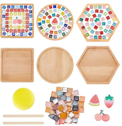 WEBEEDY 3 Set Frucht Mosaik Fliesen Untersetzer Kit DIY Mosaik Bambus Untersetzer Set Mosaik Untersetzer Bastelset Mit Anleitung, Erdbeer Wassermelone Kirschmuster Mosaik-Kits Für Die Heimdekoration