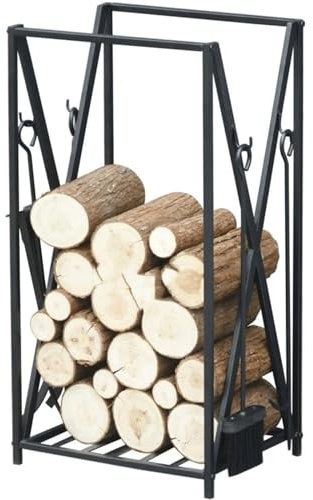 DIIDIIFF Brennholzregal mit großer Kapazität, schwarzes freistehendes Kaminzubehörset aus Eisen, Holzregal mit Zange/Schaufel/Besen/Schürhaken