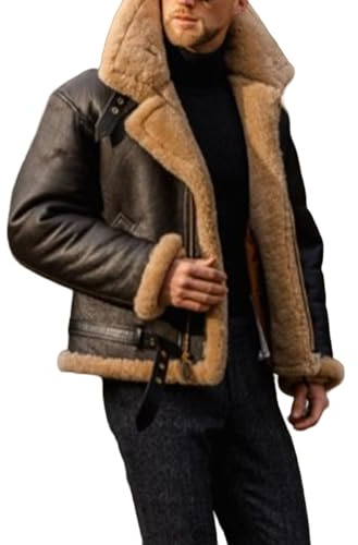 Generisch Herren Winterjacke mit Teddy-Fleece Pelzjacke Winter gefütterte Plüsch-Lederjacke Warmer Revers Fleecejacke mit Tasche