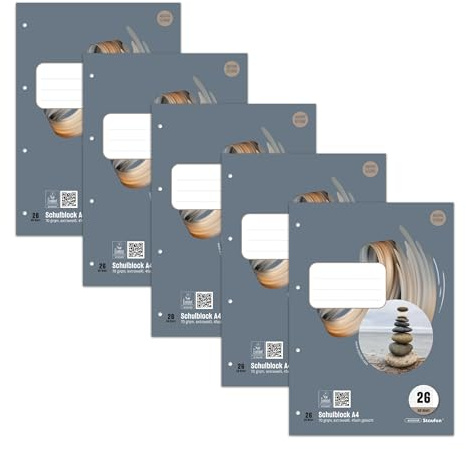 Style Schulblock - 5 Blöcke à 50 Blatt DIN A4, 70 g/m², kariert m. Rand | Lineatur 26, hochwertiges Papier, ausgezeichnet mit dem EU Ecolabel, praktische Details, 4-fach gelocht