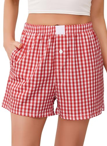 Lovasy Bas de Pyjama Femme Coton Court Pantalon de Nuit Été à Carreaux Short Pyjama Grande Taille avec Poches,A-Rouge,M