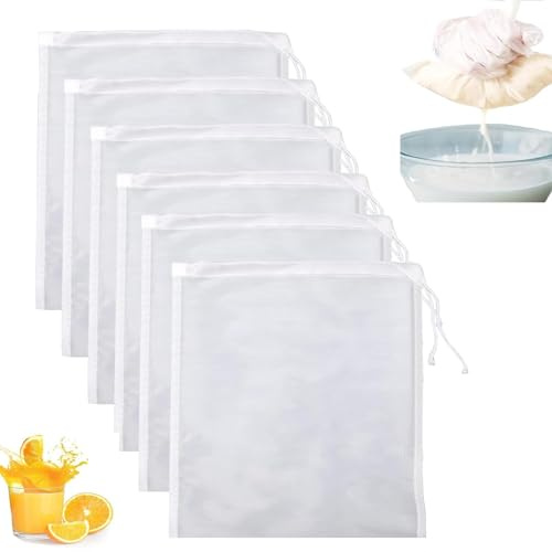 6 PCS Filter Bags, Reusable 200 Micron Nylon Straining Bags with Drawstring for Cheese, Juice,Brew Coffee, Wine & Homebrew, Food-Grade Fine Mesh