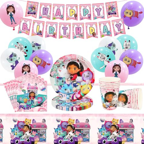 54 Pcs Gabys Dolhouse Decoración Cumpleaños Niña - Kit de Fiesta Completo con Globos, Banner, Platos, Vasos, Servilletas y Mantel | Vajilla Desechable para 6-10 Personas