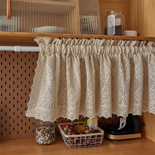 Scheibengardine Bistrogardine Boho Leinen Häkelgardine Landhausstil Vintage Fenster Vorhang Kurzgardine, Modern Semi-Transparente Verdunkelungsvorhänge Cafe Vorhang Küchengardinen (BxH 90x65 cm)