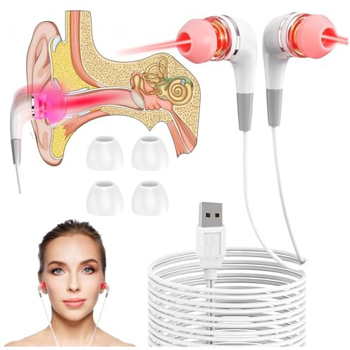 Cuffie a Infrarossi per Acufene, Tappi per Le Orecchie a Luce Rossa 650 nm con Spina USB 2 Volte Al Giorno per 30 Minuti per Allevia L'acufene e Favorisce Il Sonno