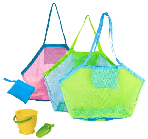 Dfuqanb 3 Pcs Mochila antiarena infantil, Bolsa juguetes bañera, Bolsa playa, Bolsa rejilla juguetes playa, para picnic en la playa/piscina/bolsa de lavandería/vacaciones familiares