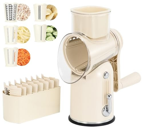 Rallador de queso con manivela, cortador de verduras con 5 cuchillas reemplazables, rallador de tambor giratorio y triturador de hielo para batidos, fácil de limpiar y corte más rápido