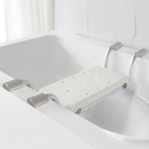 Siège de bain sûr pour personnes âgées avec coussin en silicone antidérapant - Banc de douche réglable en largeur sur 2 positions - Cadre en aluminium stable - Protège la surface de la baignoire