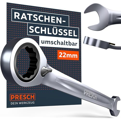 PRESCH Llave carraca reversible 22mm - Ángulo de retorno mínimo (3°, 120 dientes) - Inclinación de 15° para espacios reducidos - Llave de carraca duradera fabricada con precisión