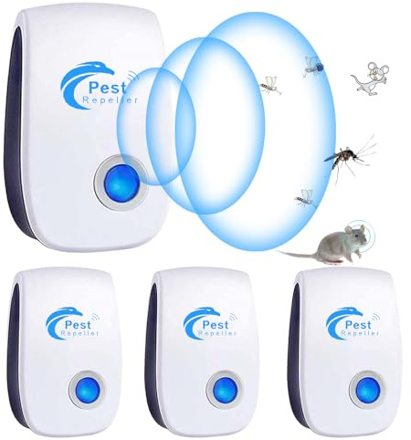 Répulsif Ultrason Anti-Rongeurs Insectes 4 Pack, Ultrason Anti Moustique Ultrason Souris et Rats, Insectes Répulsif Électronique Anti Souris, Moustiques, Cafards, Rats, Fourmis, Araignées