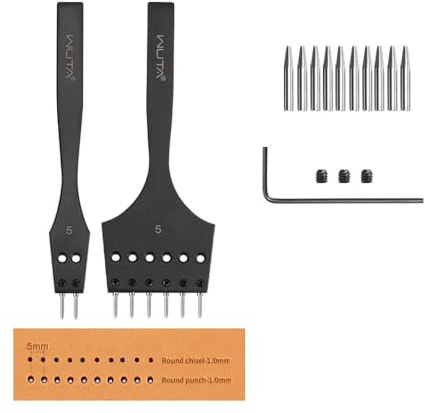 WUTA Juego de punzonadora de piel de 2ª generación con cabezal de cincel intercambiable y cabeza hueca redonda, juego de procesamiento de cuero (5 mm-2 + 6)