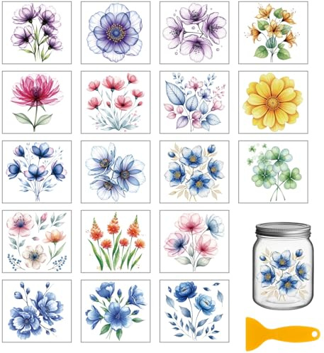 GLOBLELAND 18 Blatt Vintage Monatsblumen Transferaufkleber Zum Aufreiben Zum Basteln 3.9x3.6 Zoll Wildblumen UV DTF Cup Wraps Aufkleber Blumenblätter Transferaufkleber Für Glasflaschen Dekore