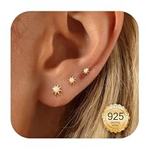 MOGASA 3 par örhängestift silver 925 för damer flickor set hypoallergena 14K guld små örhängestift kvinnor zirkon stjärna blommor brosk örhängen silver 925 smycken presenter (storlek: 3/4/5 mm), 3 mm