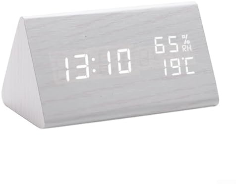 Pumixiy Digitaler Holzwecker mit Temperatur- und Feuchtigkeitsanzeige, großer LED-Bildschirm für Zuhause, Schlafzimmer, Wohnzimmer, Dekoration, USB- oder Batteriebetrieb (weiß)